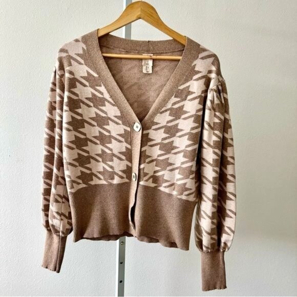 Joie Cardigan Large Tan V Neck Houndstooth Puff Sleeve Old Money Preppy Academia - Picture 11 of 12